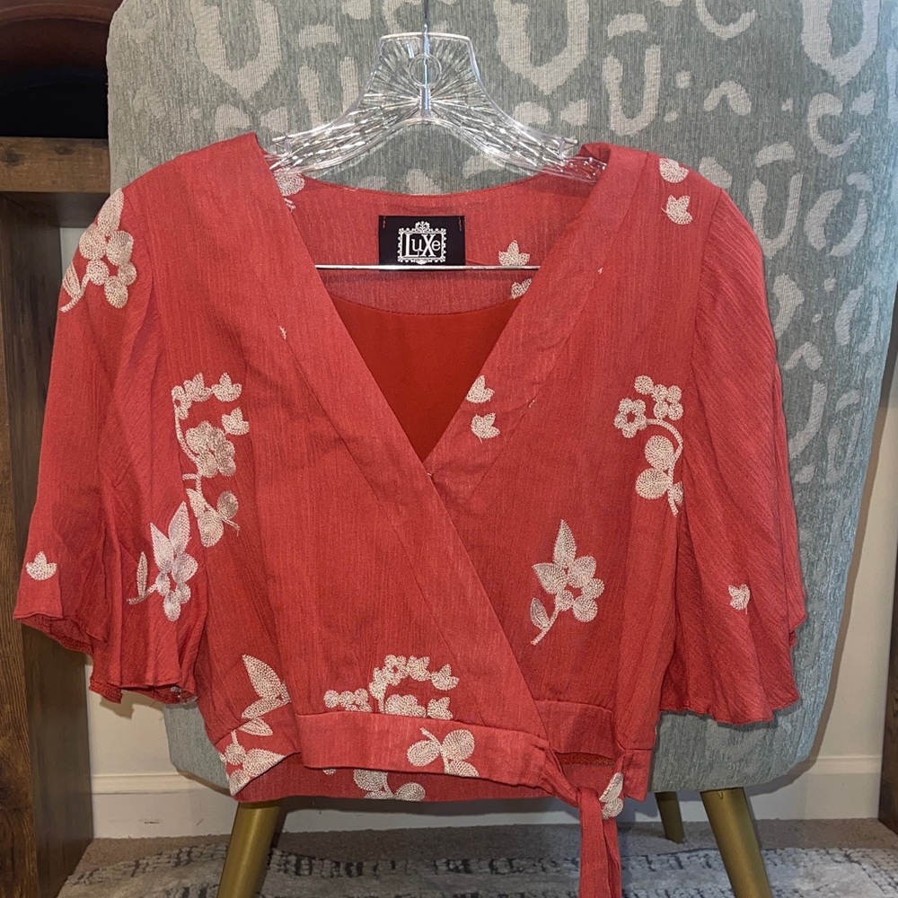 Luxe Scarlet Floral Wrap Blouse